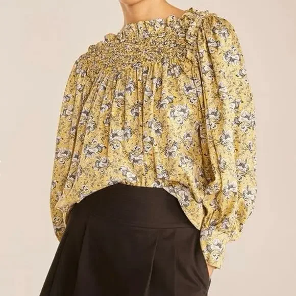 Womens Rebecca Taylor Intaglio Rose Smocked Blouse Yellow Floral Size XL EUC! - Picture 1 of 5